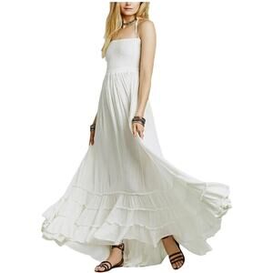 R. Vivimos S NEW Ivory Smocked Maxi Dress Tiered Hem Open Back Boho Coastal